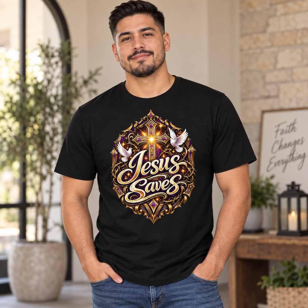 Jesus Saves Men's Christian  T-Shirt – Cross & Shield Design