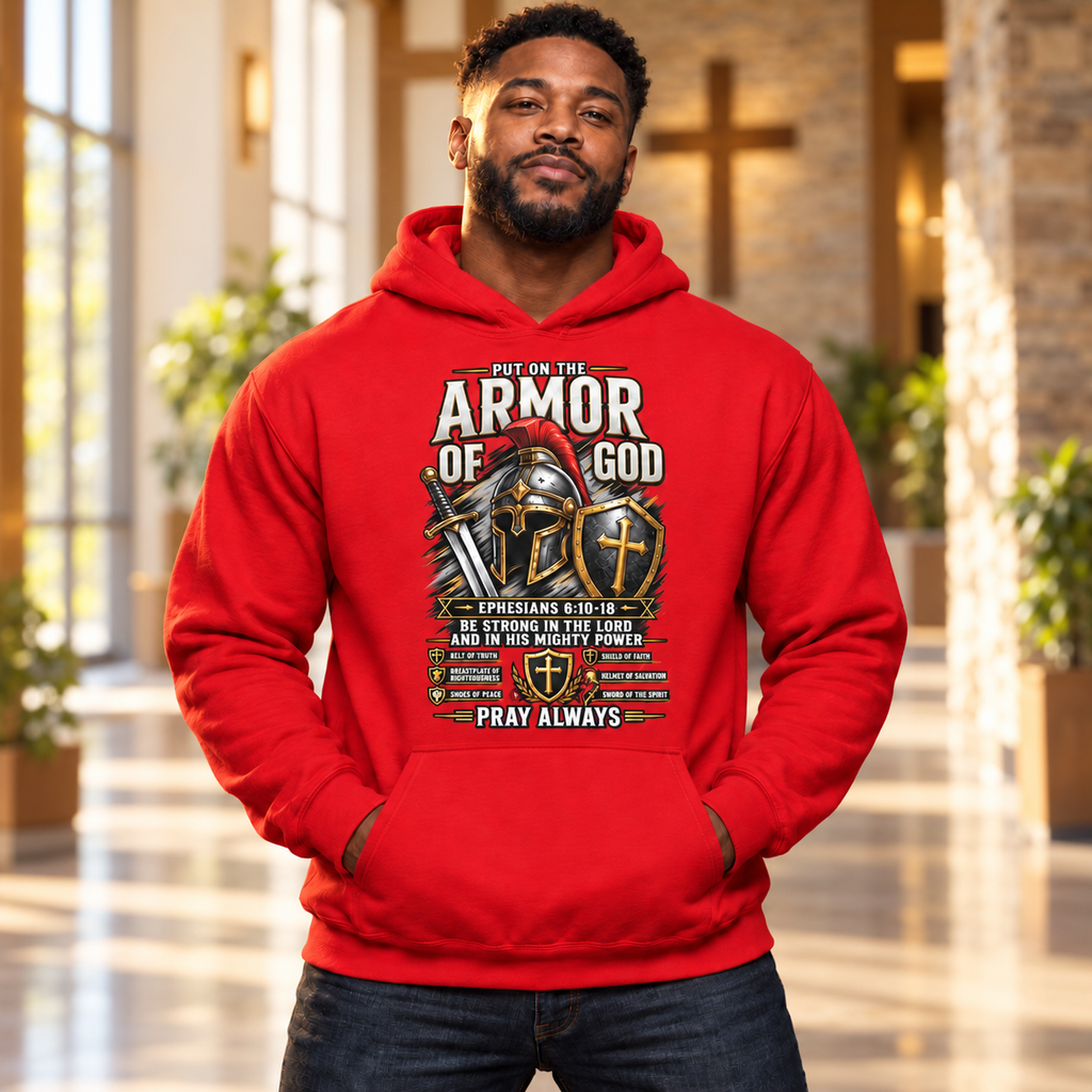 Black man wearing red Armor of God Christian hoodie in a church hall