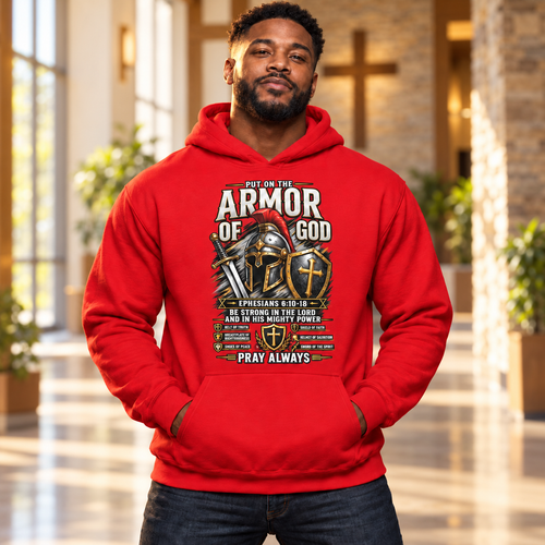Black man wearing red Armor of God Christian hoodie in a church hall