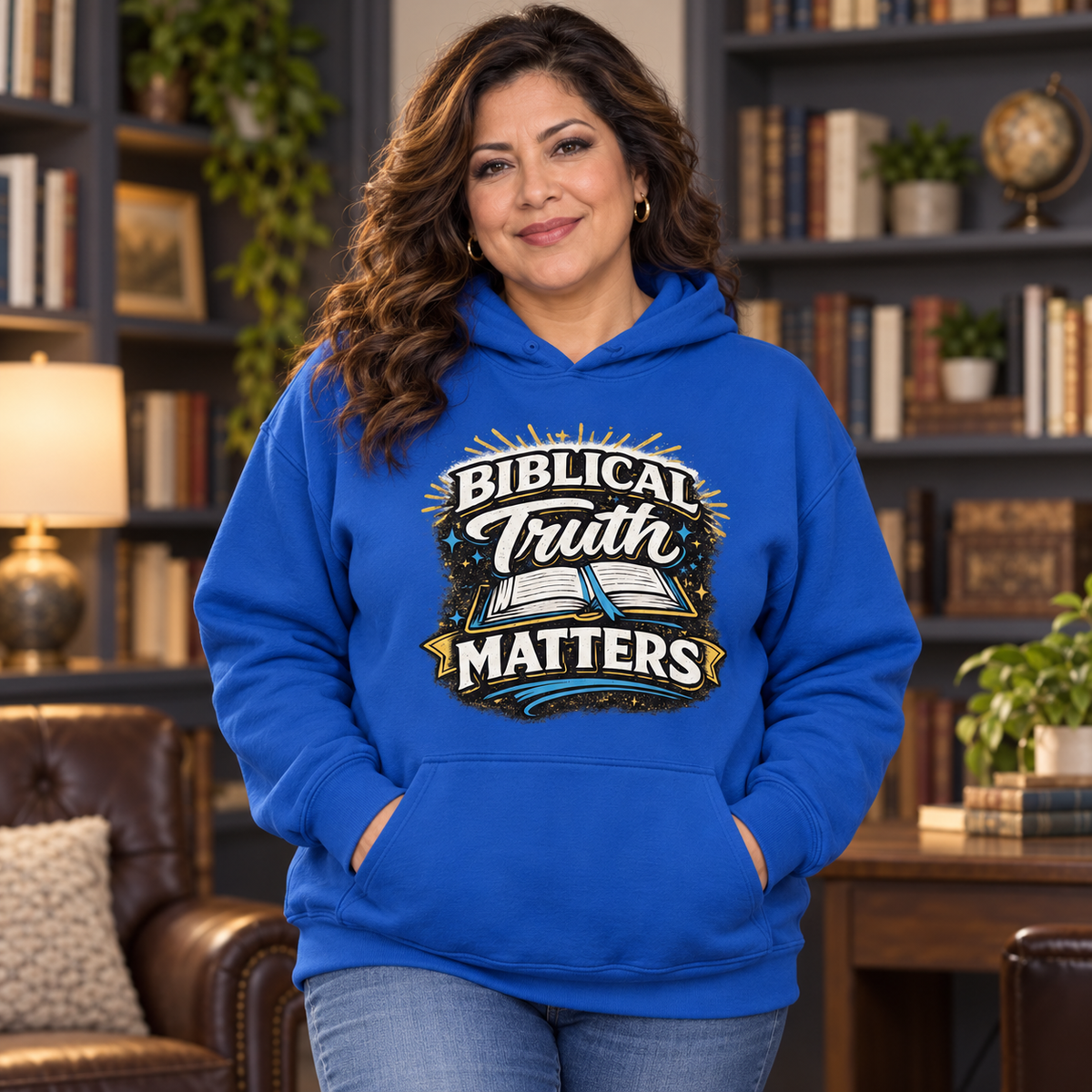 Middle-aged Latina woman wearing blue Biblical Truth Matters Christian hoodie