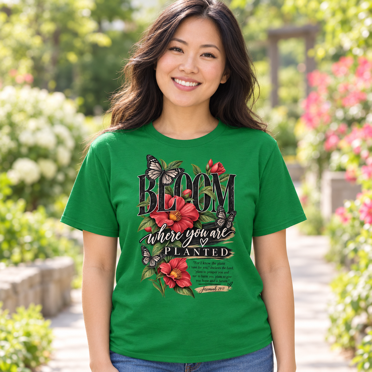 Asian woman wearing green Bloom Where You Are Planted Christian T-shirt