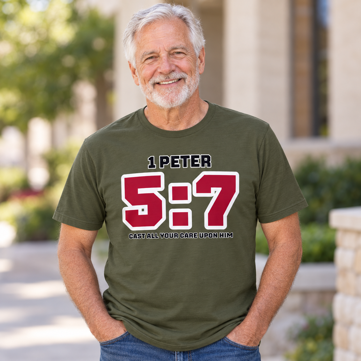 Older White man wearing green Cast All Your Care Upon Him Christian T-shirt