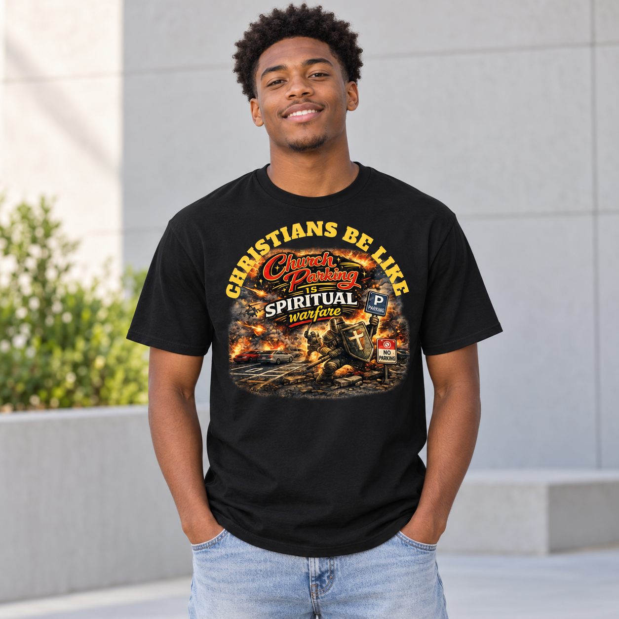 Young Black man wearing black Christians Be Like Church Parking Is Spiritual Warfare T-shirt
