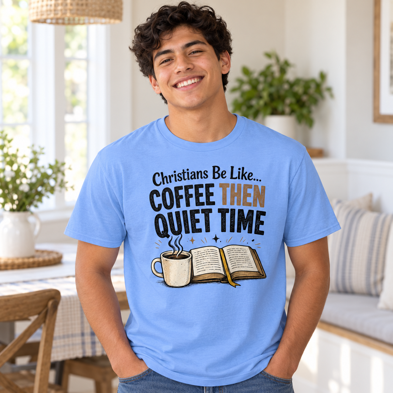 Latino older teenage model wearing blue Coffee Then Quiet Time Christian T-shirt