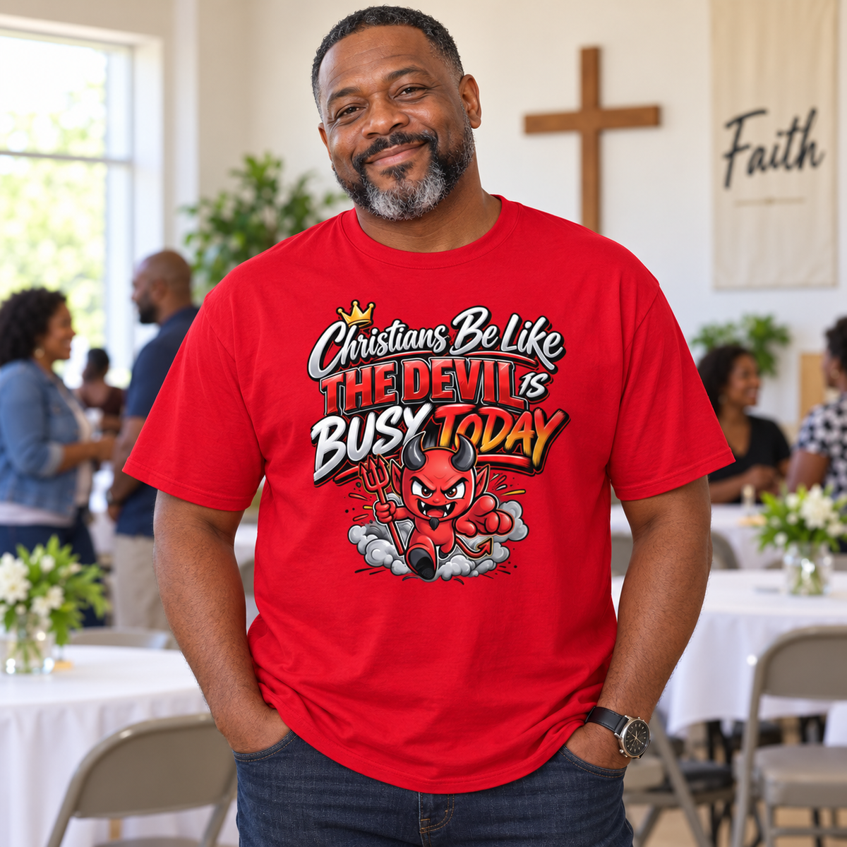 Black man modeling The Devil Is Busy Today Christian T-shirt