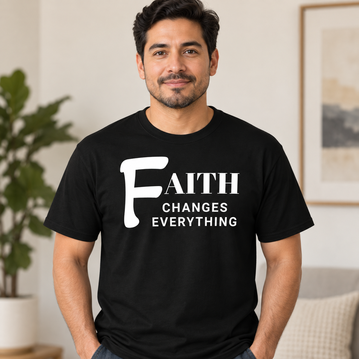 Hispanic man wearing black Faith Changes Everything Christian T-shirt