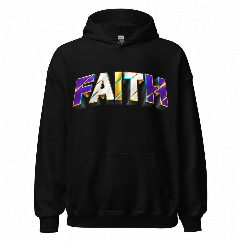 Black hoodie mockup with redesigned Faith artwork