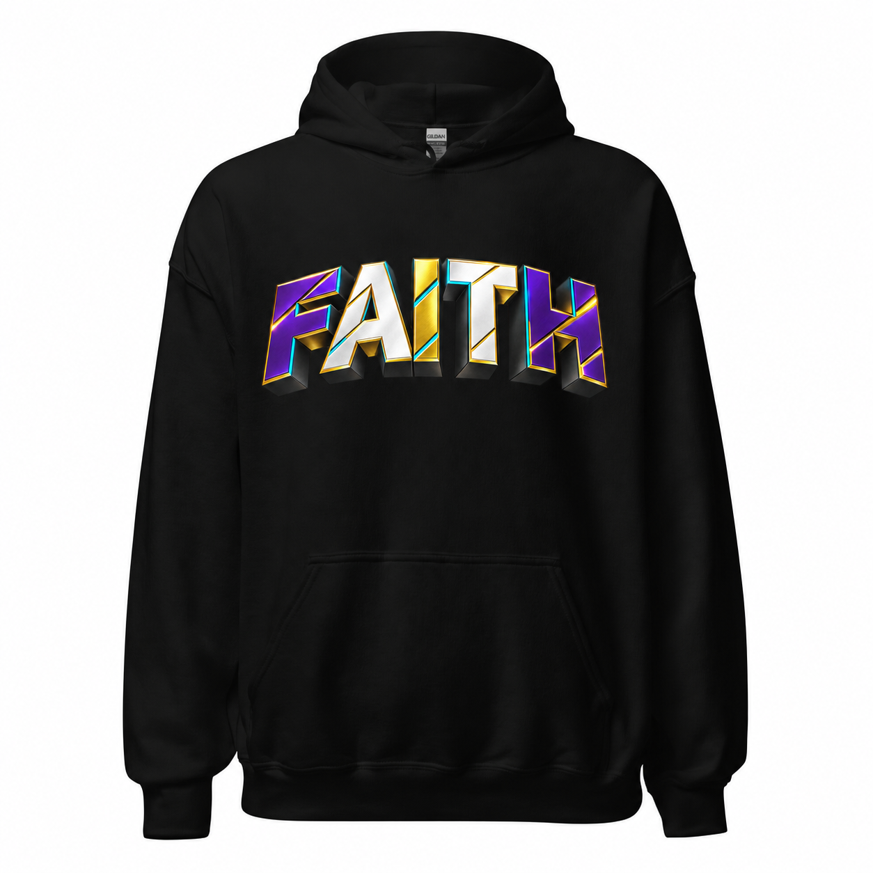 Black hoodie mockup with redesigned Faith artwork
