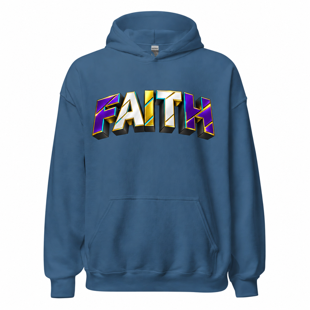 Indigo blue hoodie mockup with redesigned Faith artwork