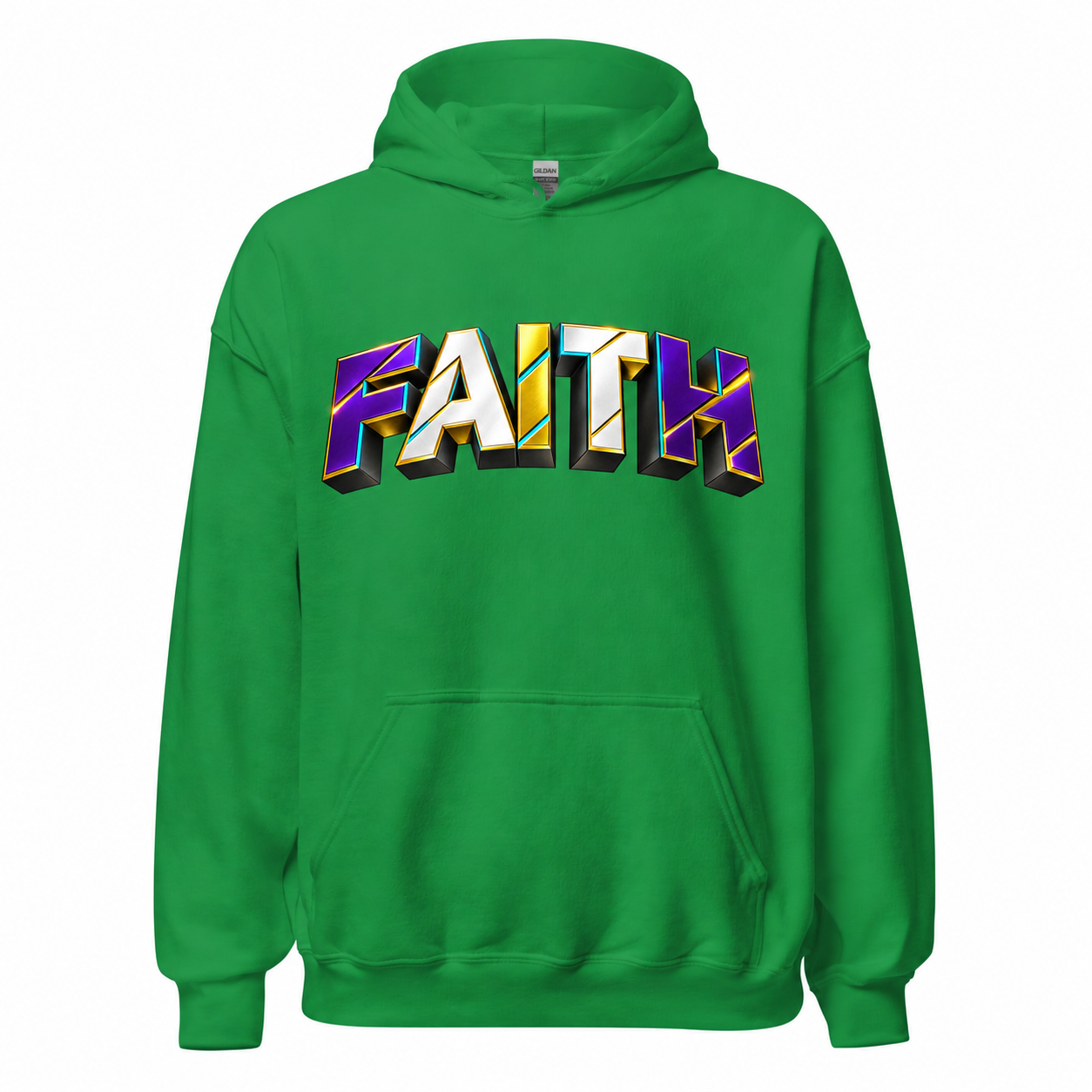 Irish green hoodie mockup with redesigned Faith artwork