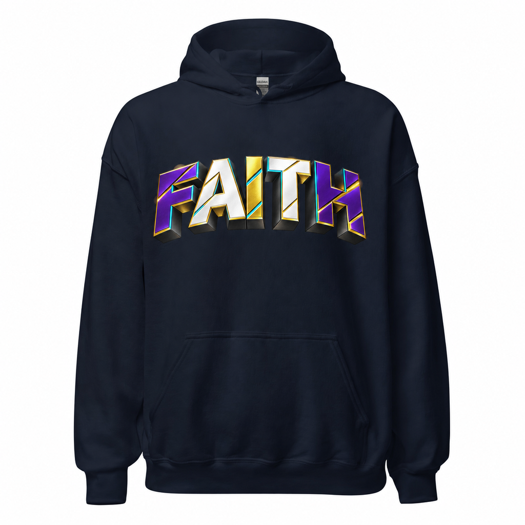Navy hoodie mockup with redesigned Faith artwork