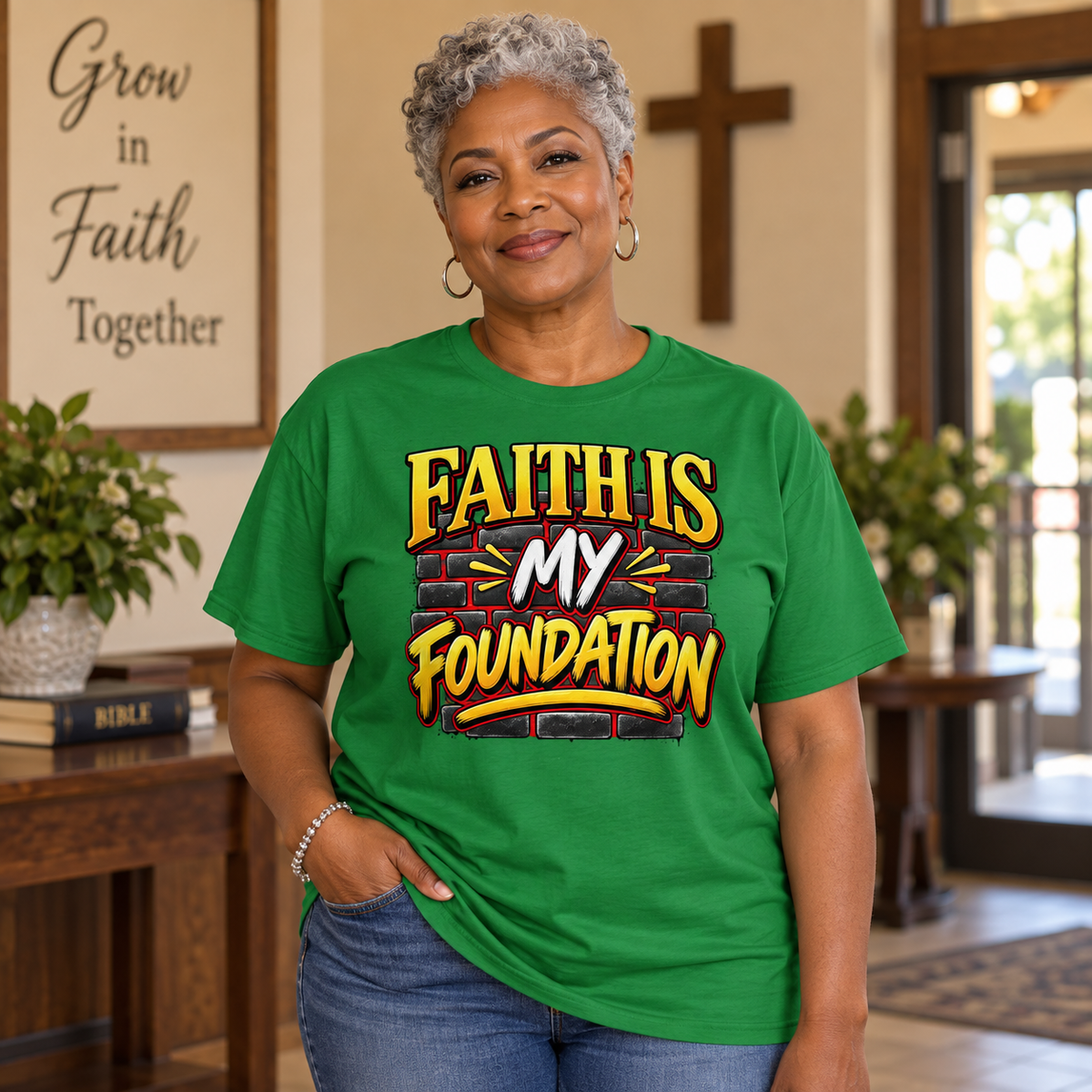 Black woman modeling the Faith Is My Foundation Christian T-shirt