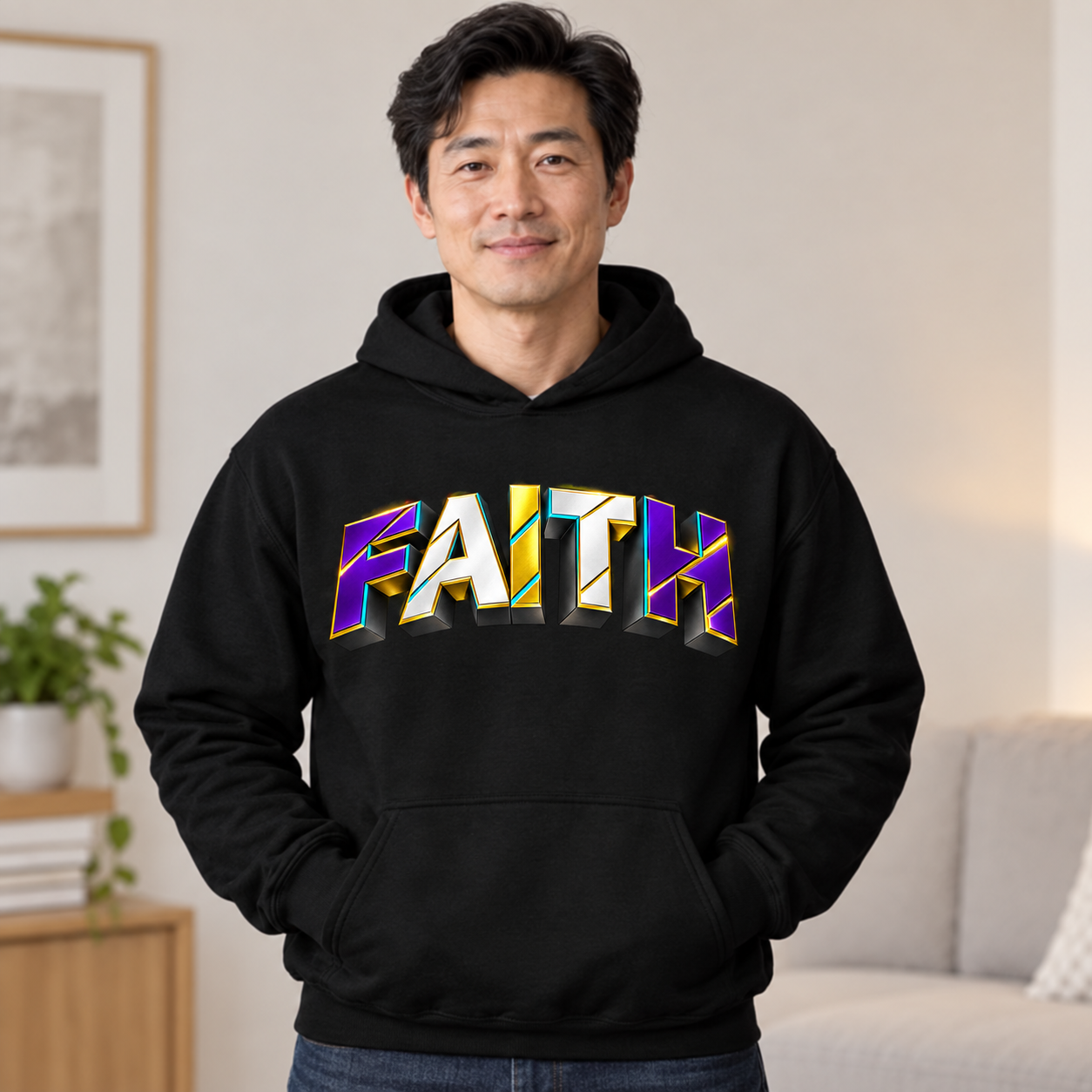 Asian man modeling the redesigned Faith Christian hoodie