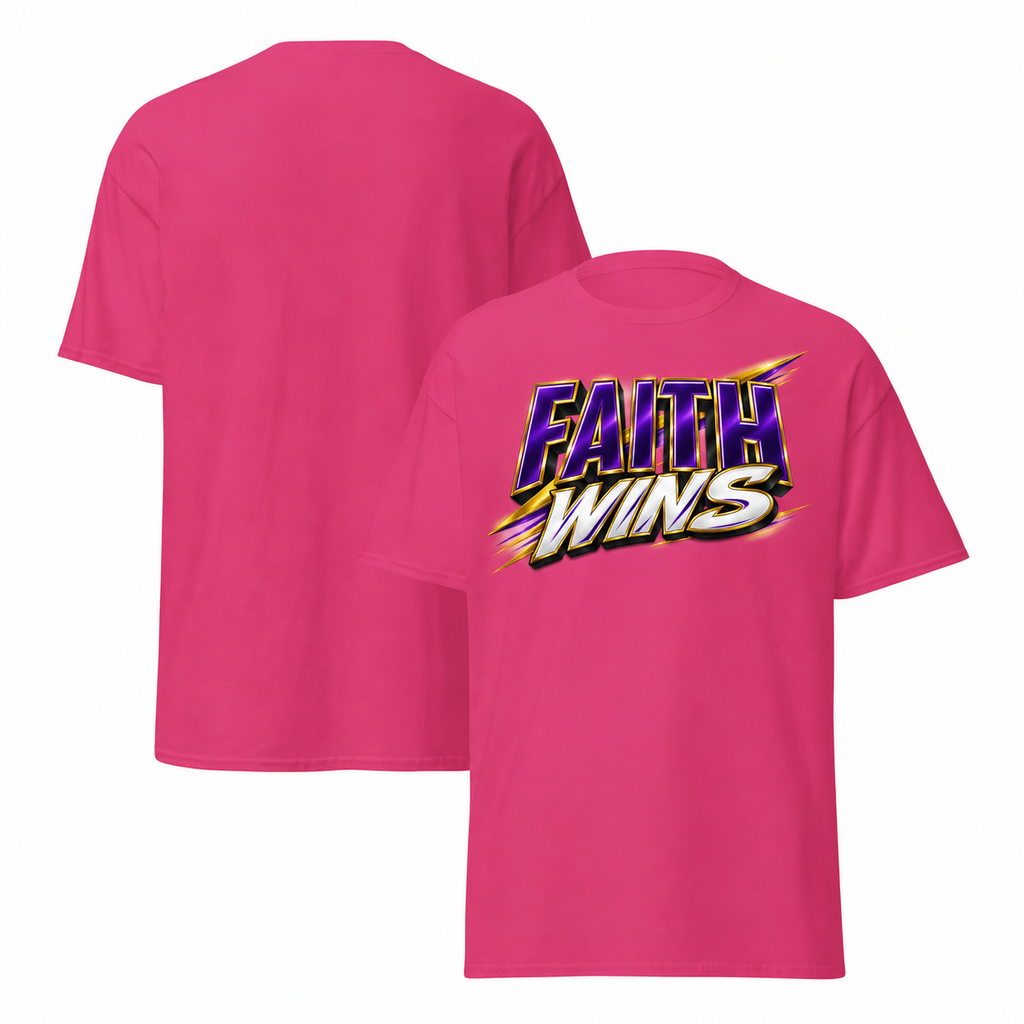 Heliconia T-shirt mockup with redesigned Faith Wins artwork