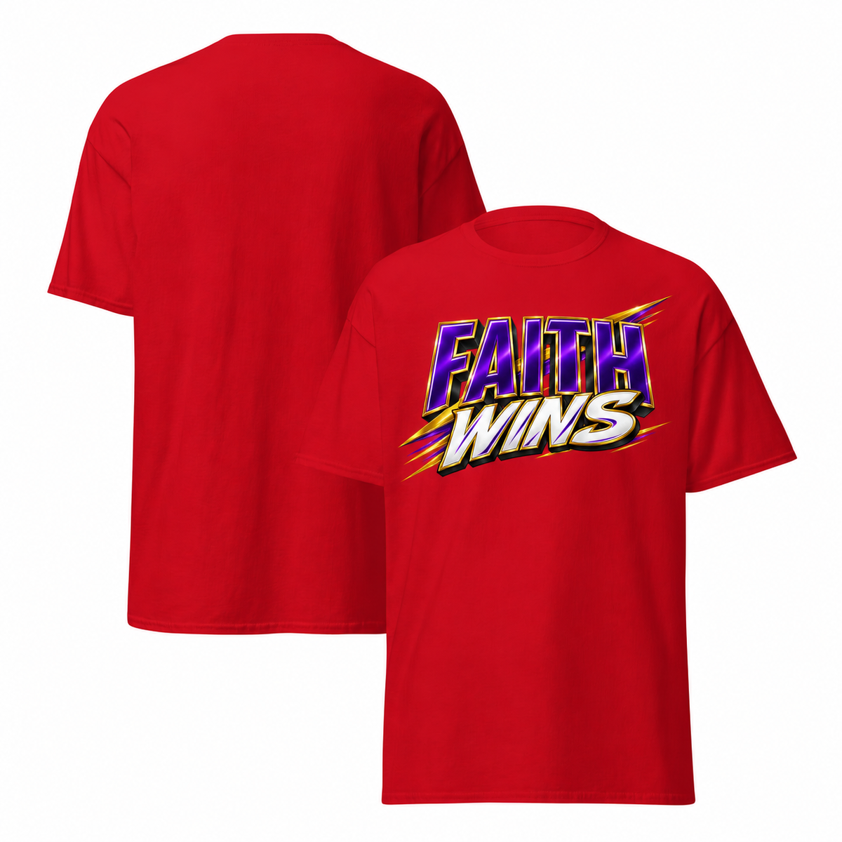 Red T-shirt mockup with redesigned Faith Wins artwork