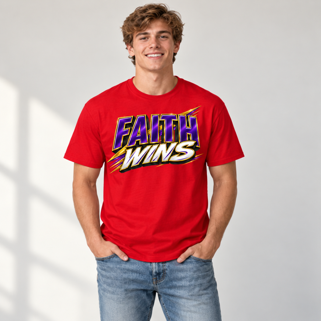 Young White man modeling the redesigned Faith Wins Christian T-shirt