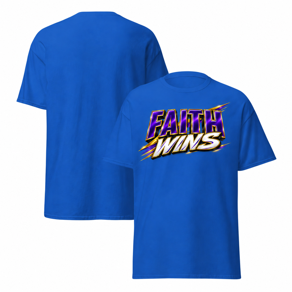 Royal blue T-shirt mockup with redesigned Faith Wins artwork