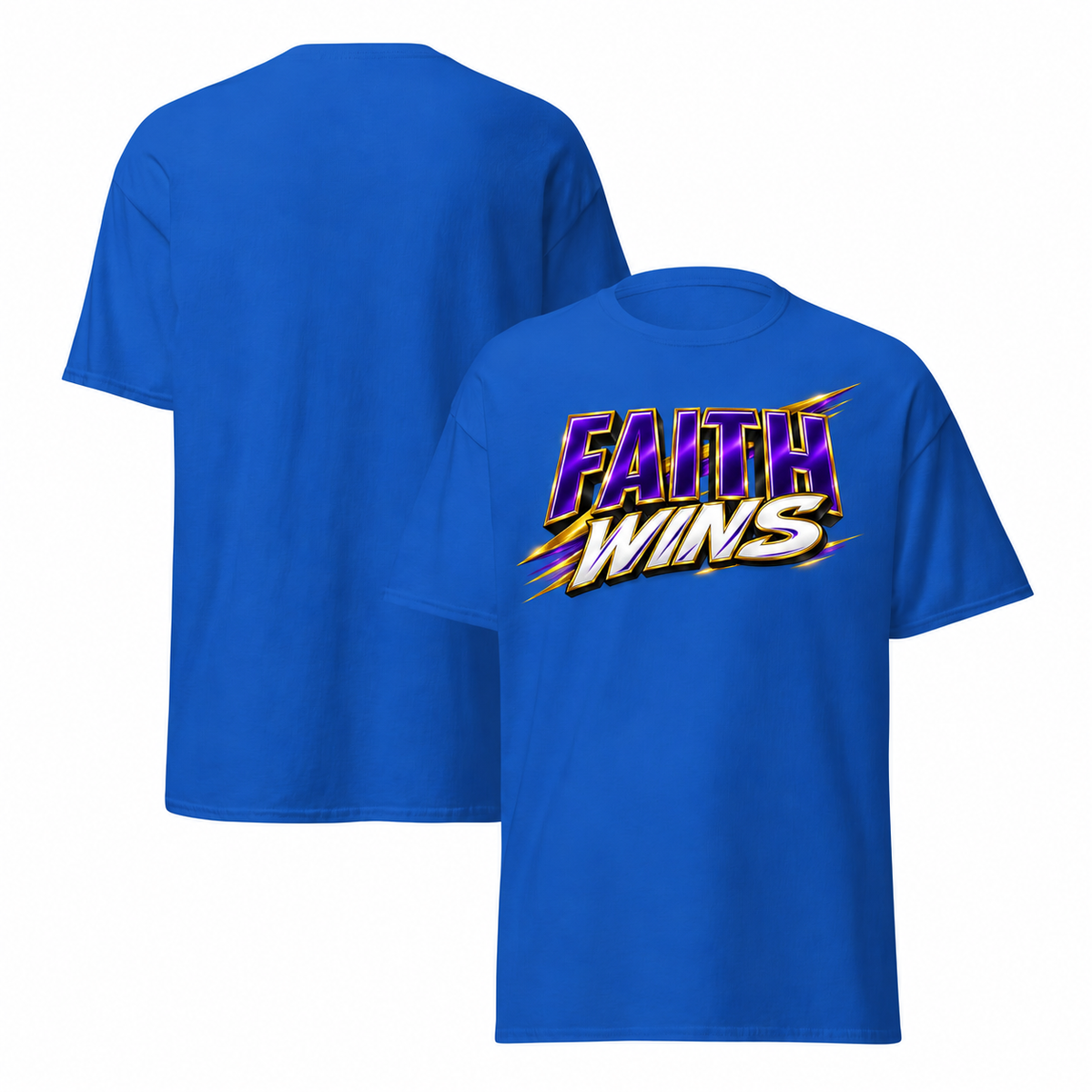 Royal blue T-shirt mockup with redesigned Faith Wins artwork