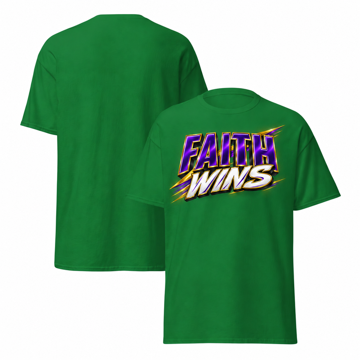 Turf green T-shirt mockup with redesigned Faith Wins artwork