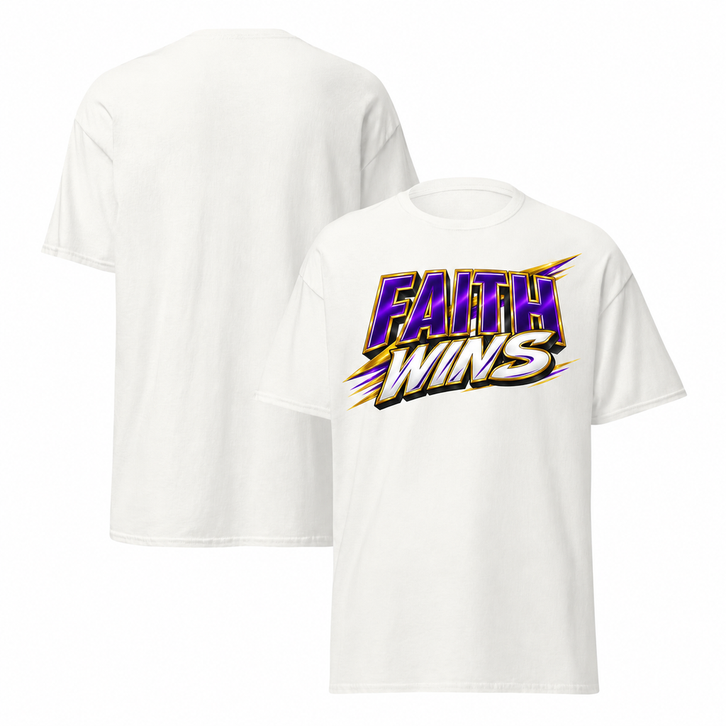 White T-shirt mockup with redesigned Faith Wins artwork