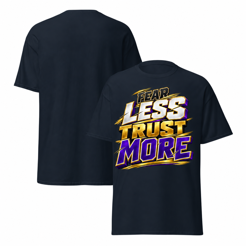 Navy T-shirt mockup with redesigned Fear Less Trust More artwork
