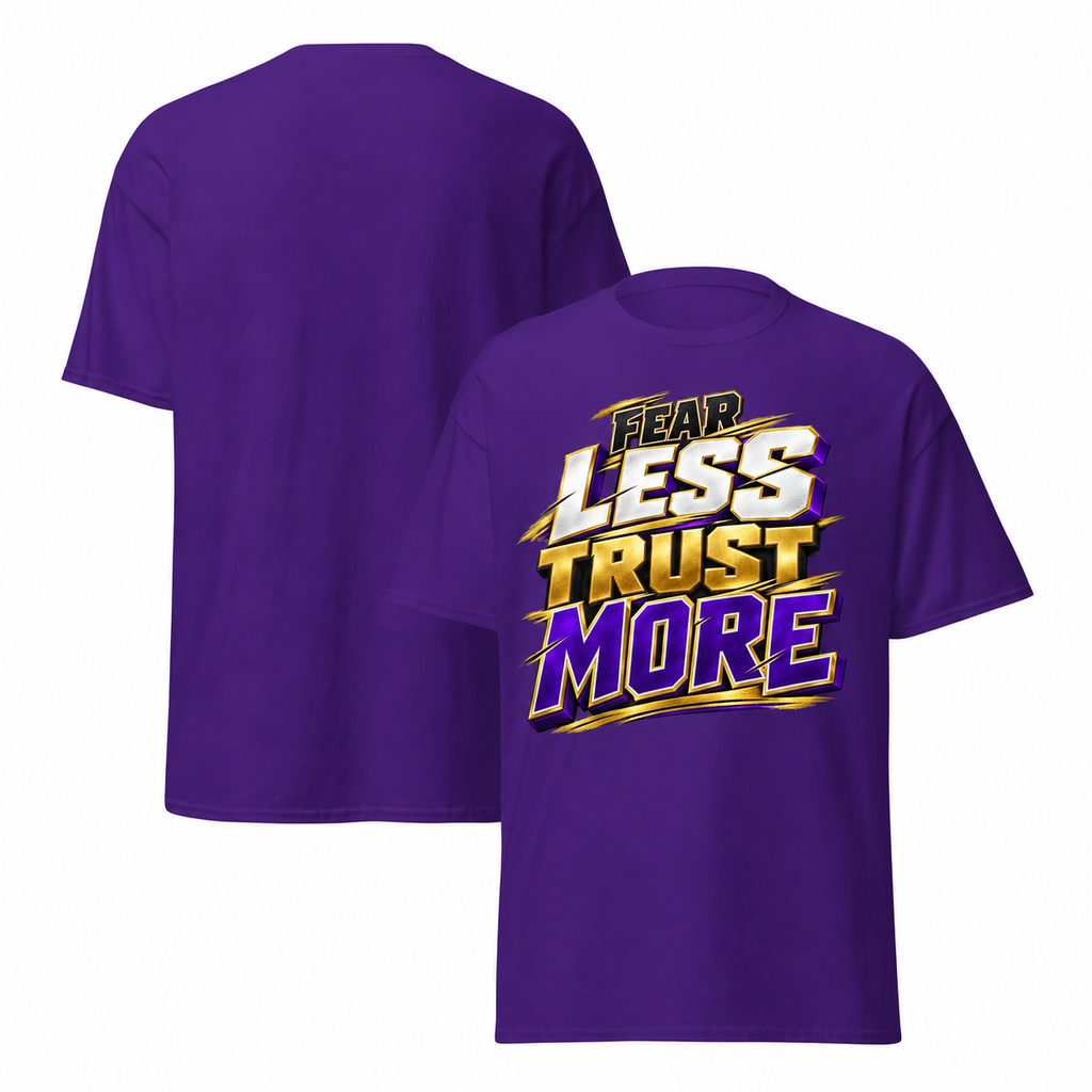 Purple T-shirt mockup with redesigned Fear Less Trust More artwork