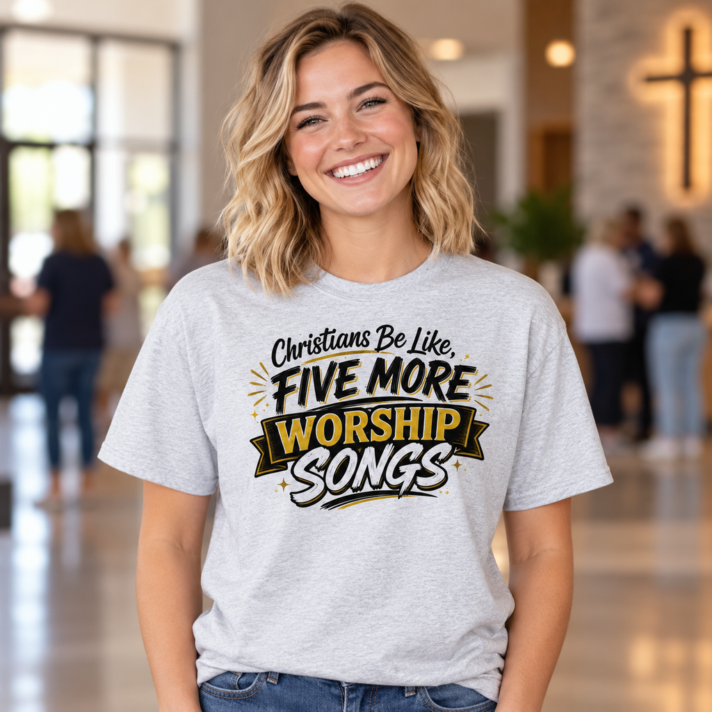 Young White woman wearing ash Five More Worship Songs Christian T-shirt