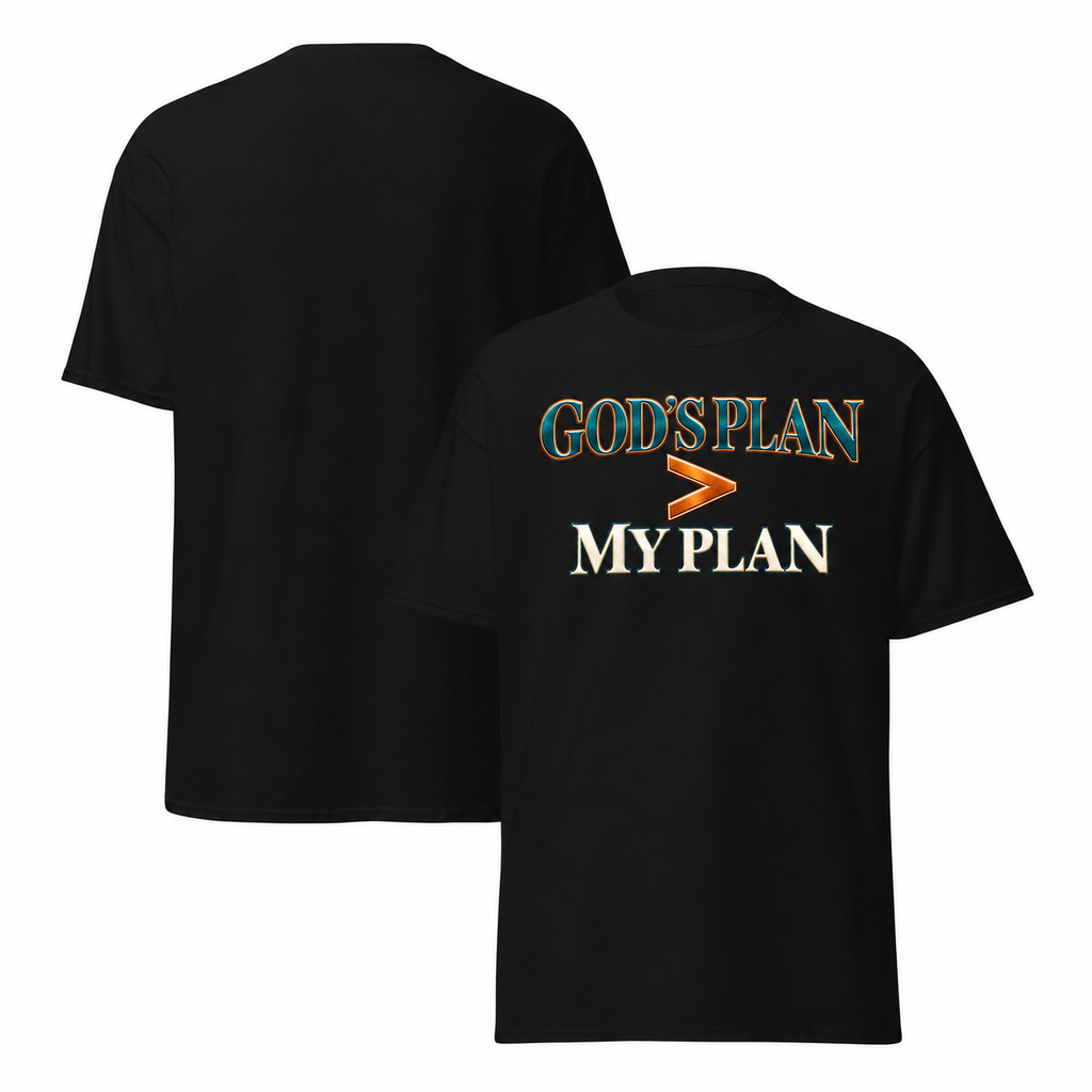 Black T-shirt mockup with redesigned God’s Plan greater than My Plan artwork