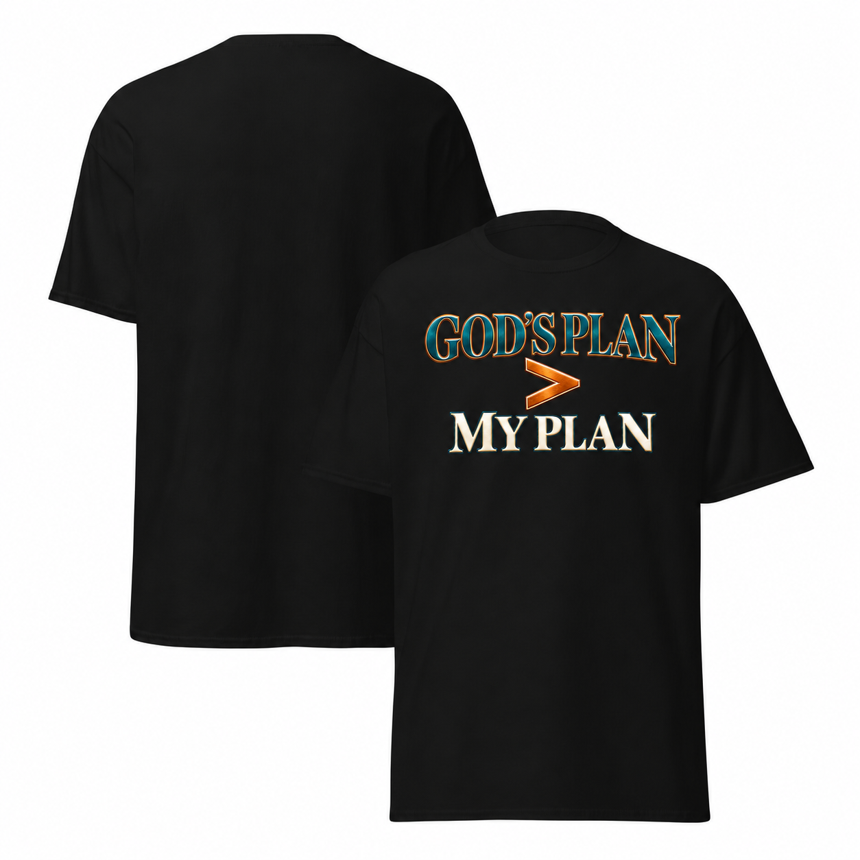 Black T-shirt mockup with redesigned God’s Plan greater than My Plan artwork