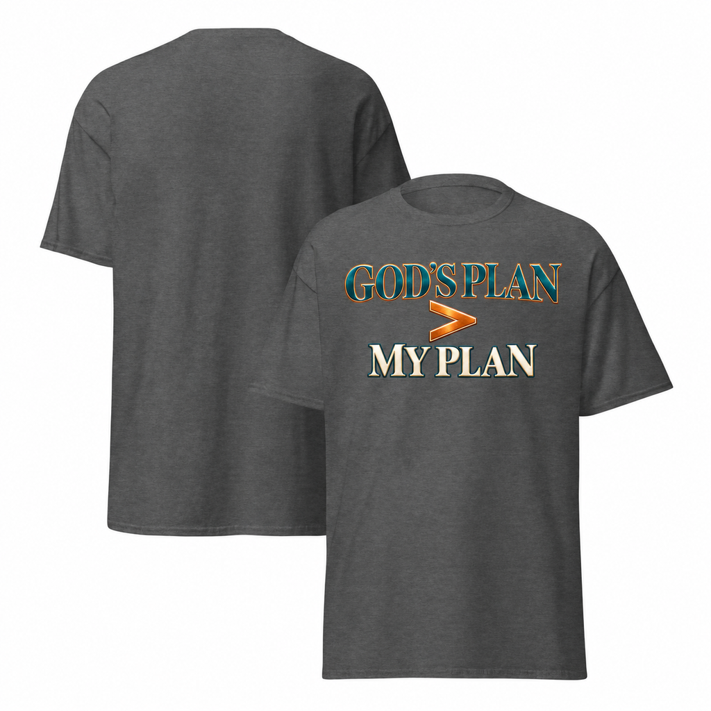 Dark heather T-shirt mockup with redesigned God’s Plan greater than My Plan artwork