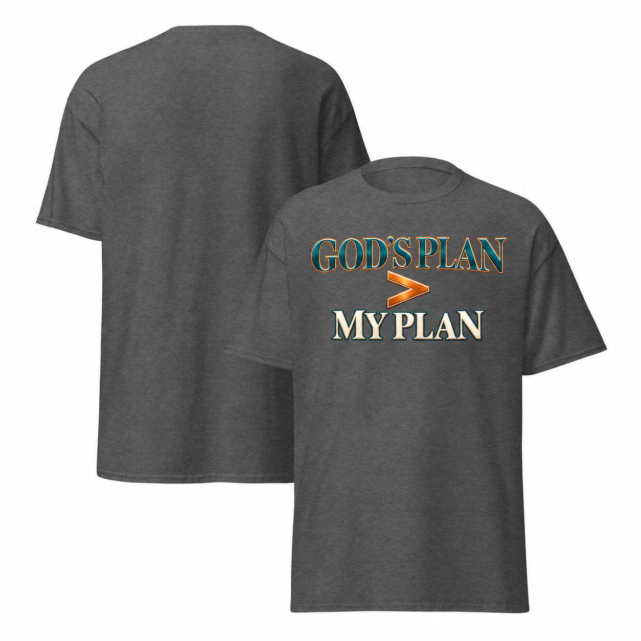 Dark heather T-shirt mockup with redesigned God’s Plan greater than My Plan artwork