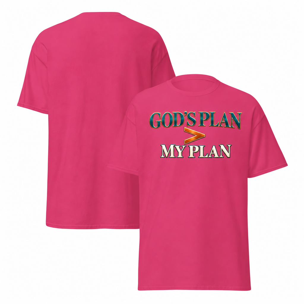 Heliconia T-shirt mockup with redesigned God’s Plan greater than My Plan artwork