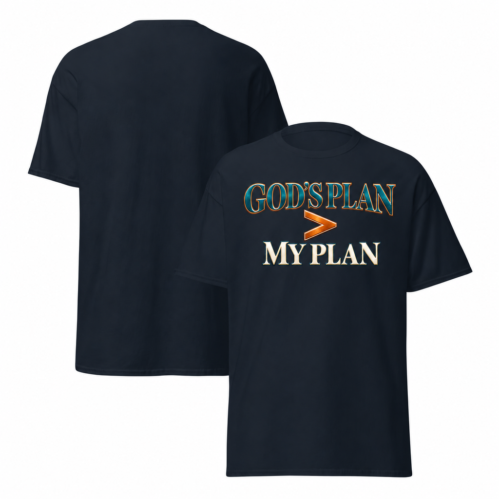 Navy T-shirt mockup with redesigned God’s Plan greater than My Plan artwork
