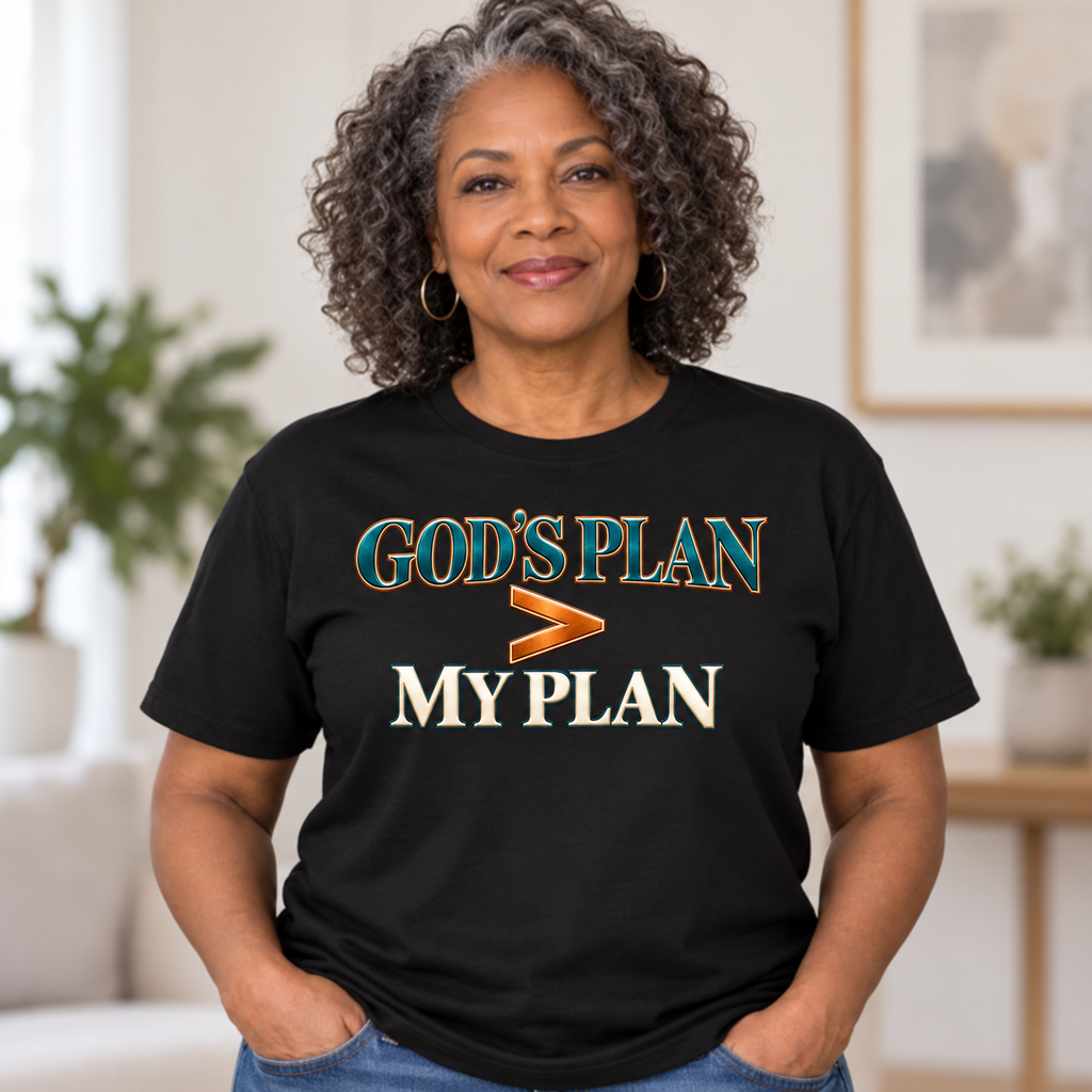 Older Black woman modeling the redesigned God’s Plan Is Greater Than My Plan Christian T-shirt