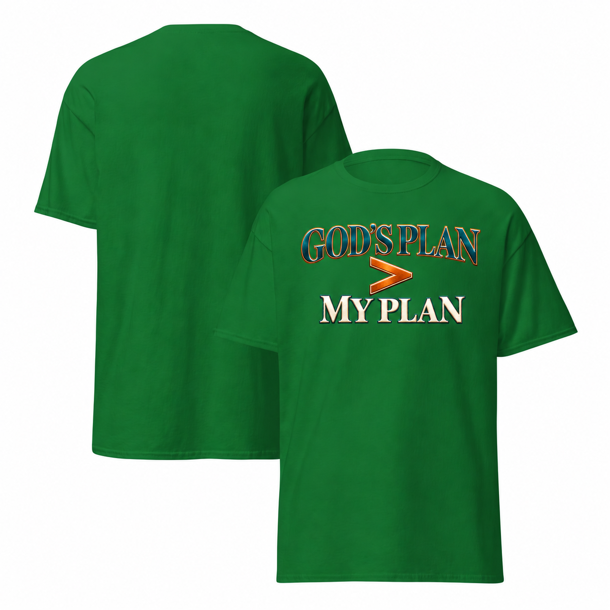 Turf green T-shirt mockup with redesigned God’s Plan greater than My Plan artwork