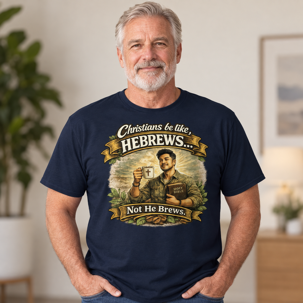 Older White man wearing navy Hebrews Not He Brews Christian T-shirt