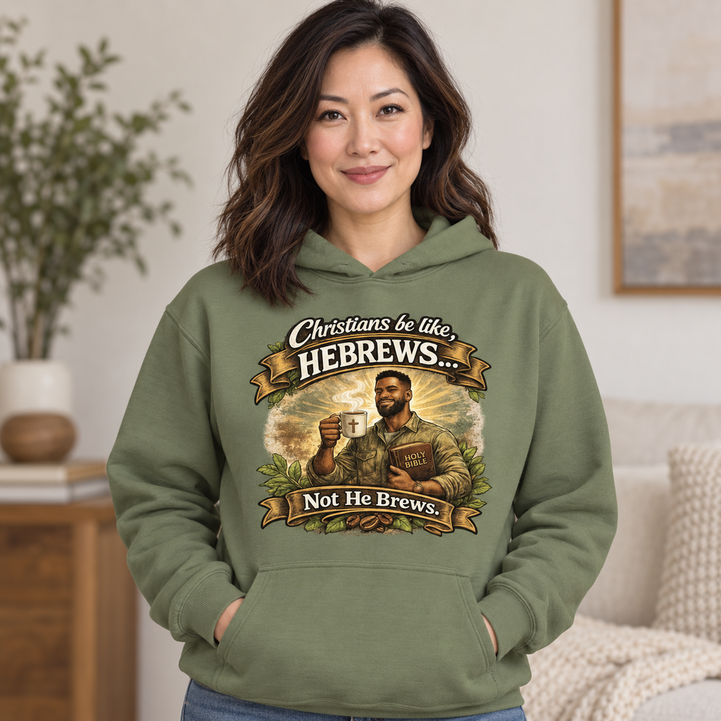 Asian woman wearing military green Hebrews Not He Brews Christian hoodie