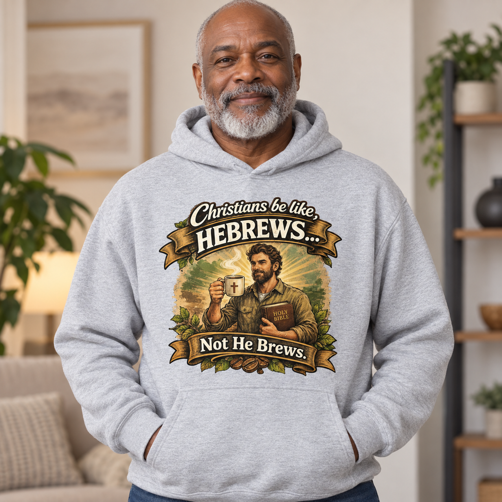 Older Black man wearing sport grey Hebrews Not He Brews Christian hoodie