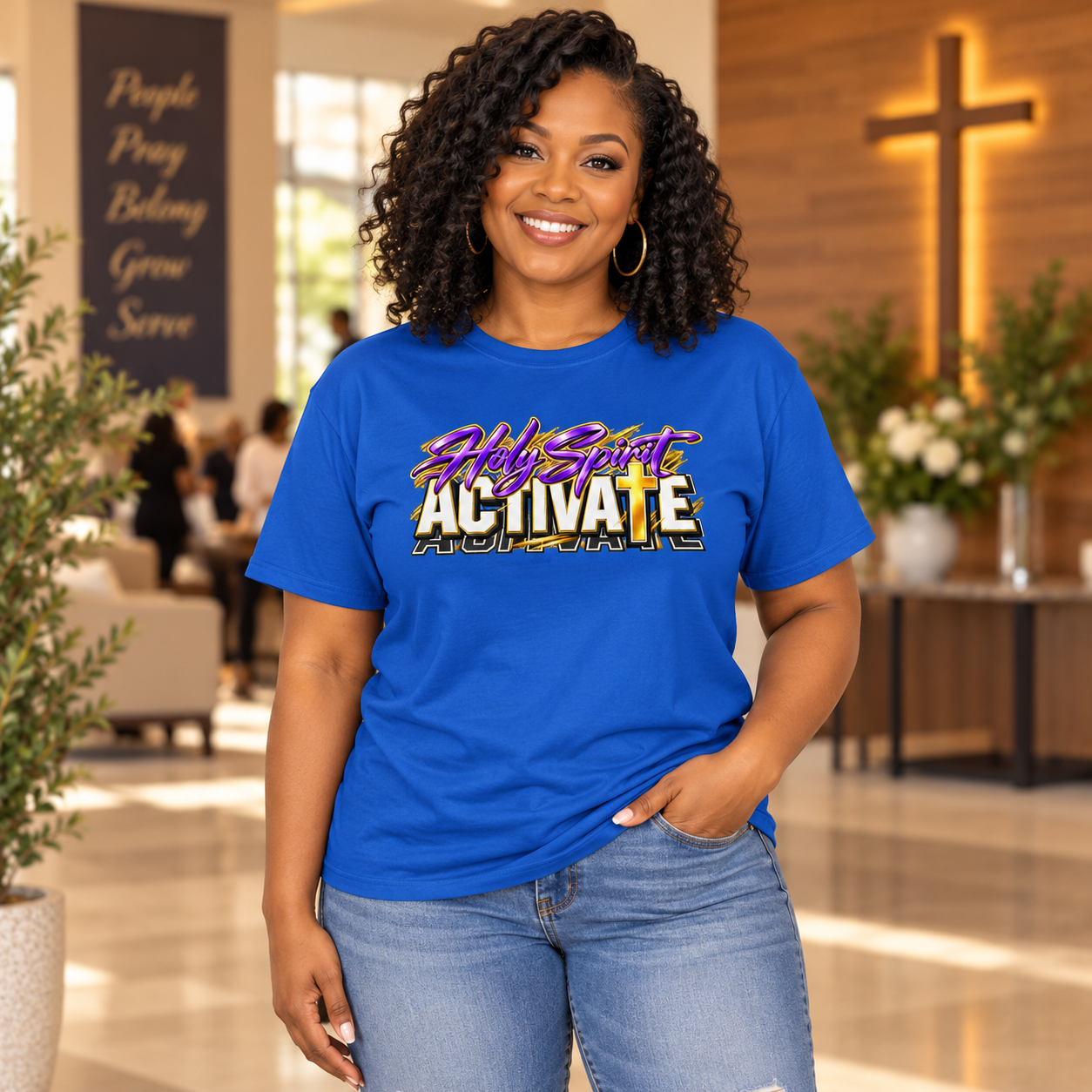 Black woman modeling the Holy Spirit Activate Christian T-shirt