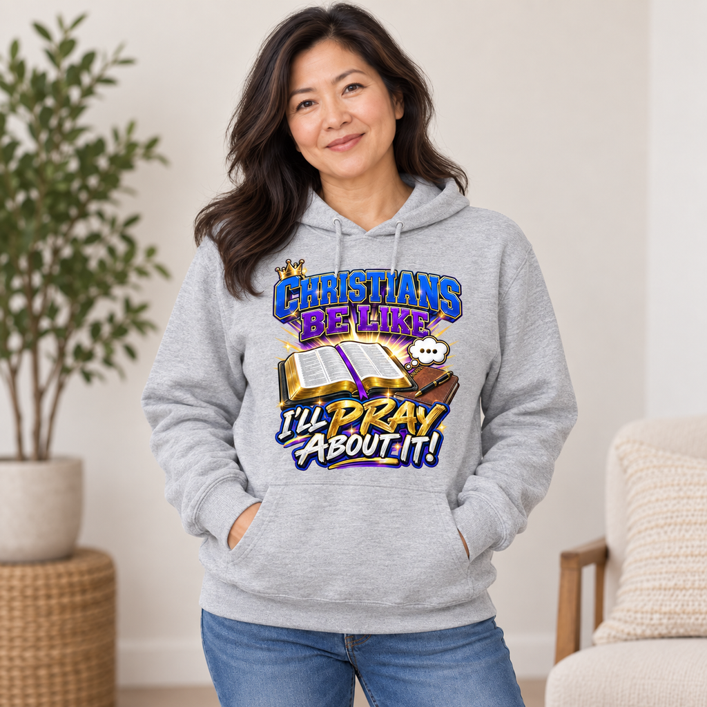 Asian woman wearing gray I’ll Pray About It Christian hoodie
