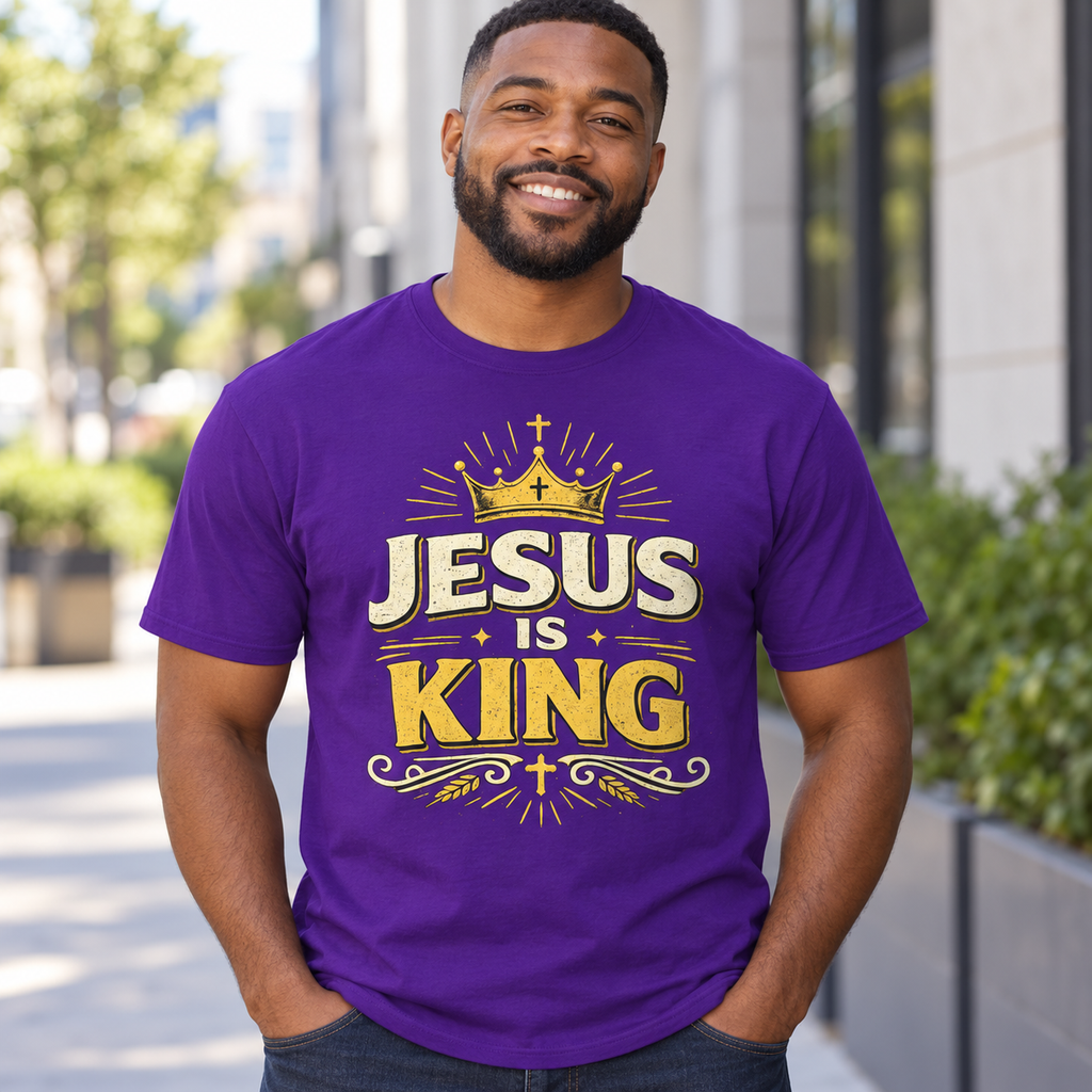 Black male model wearing purple Jesus Is King Christian T-shirt