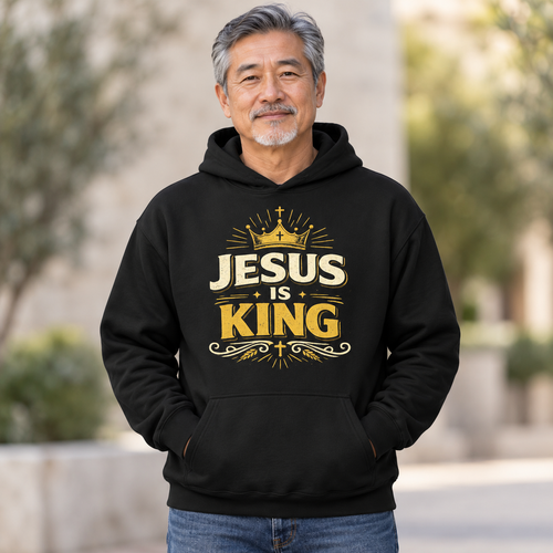 Older Asian man wearing black Jesus Is King Christian hoodie