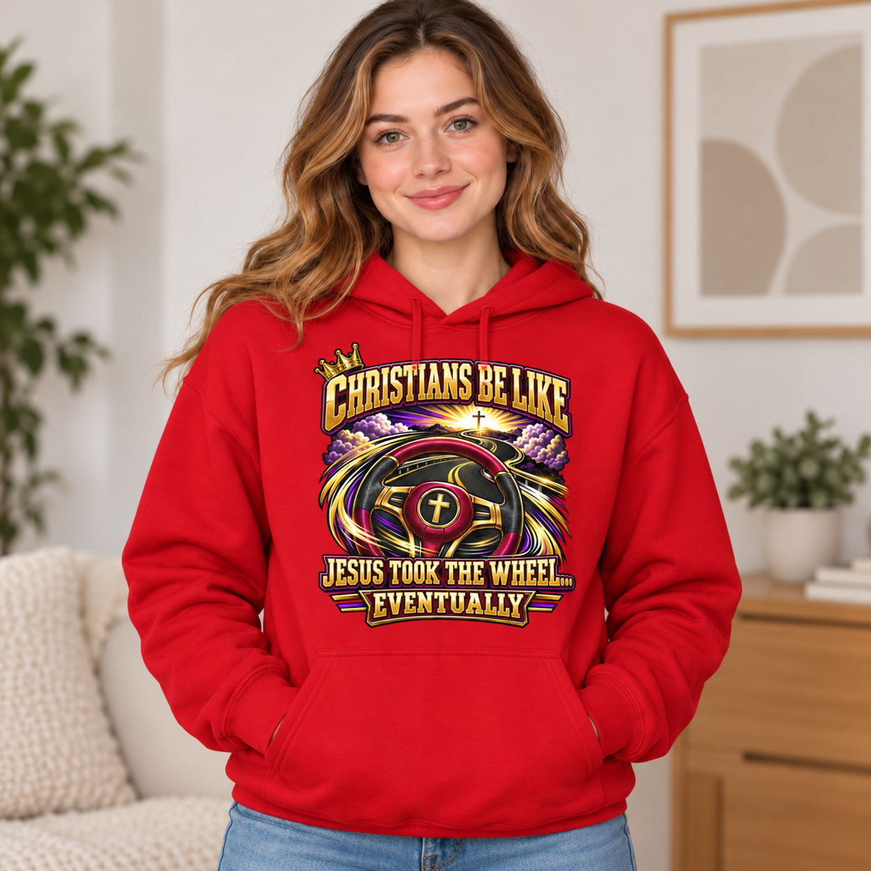 Young White woman wearing red Jesus Took the Wheel Eventually Christian hoodie