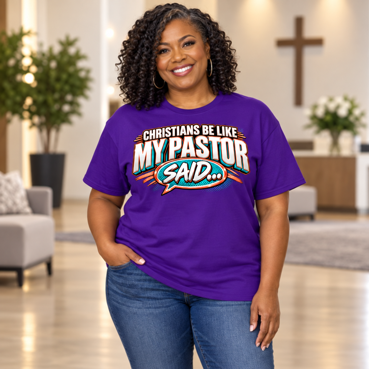Black woman modeling the redesigned My Pastor Said Funny Christian T-shirt