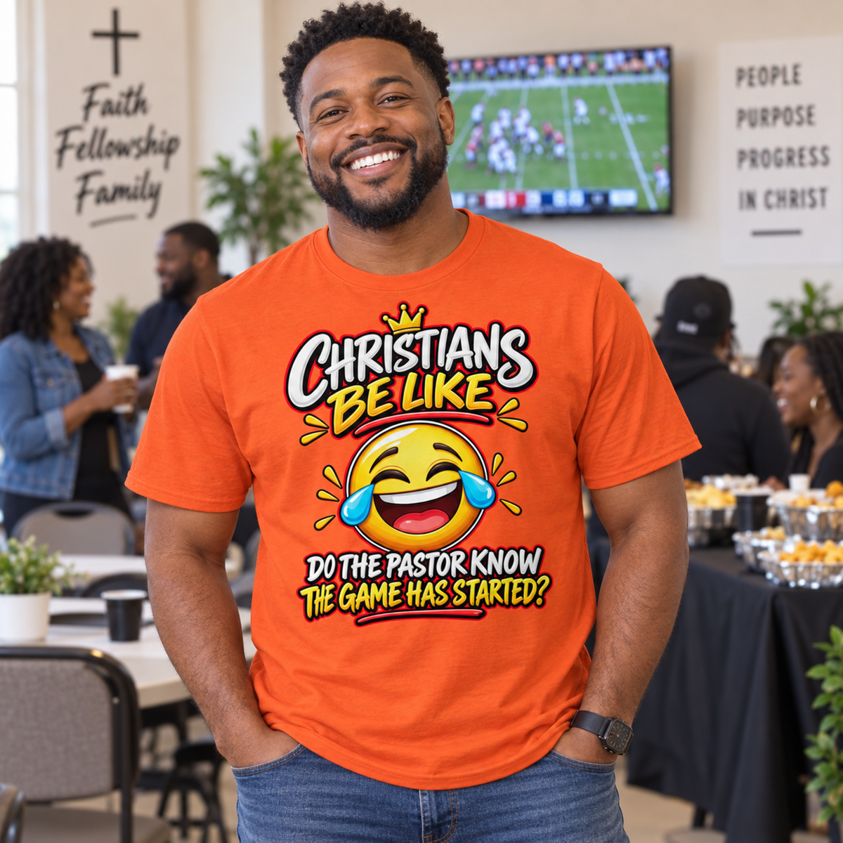 Black man modeling the Do the Pastor Know the Game Has Started Christian T-shirt