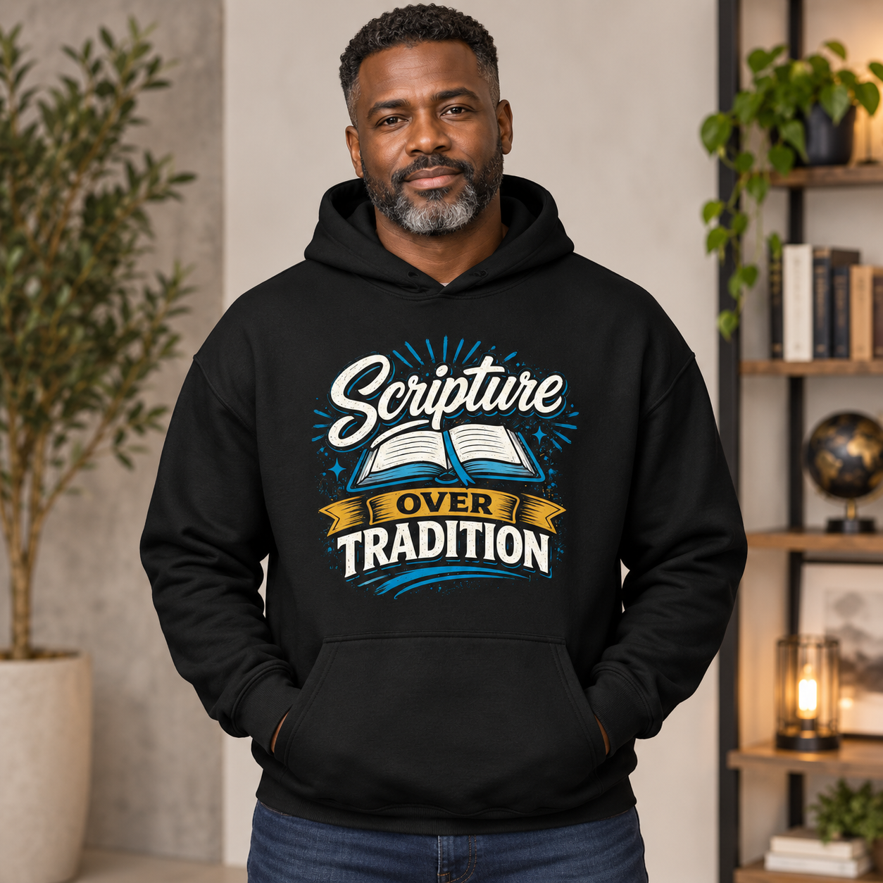 Black man wearing black Scripture Over Tradition Christian hoodie