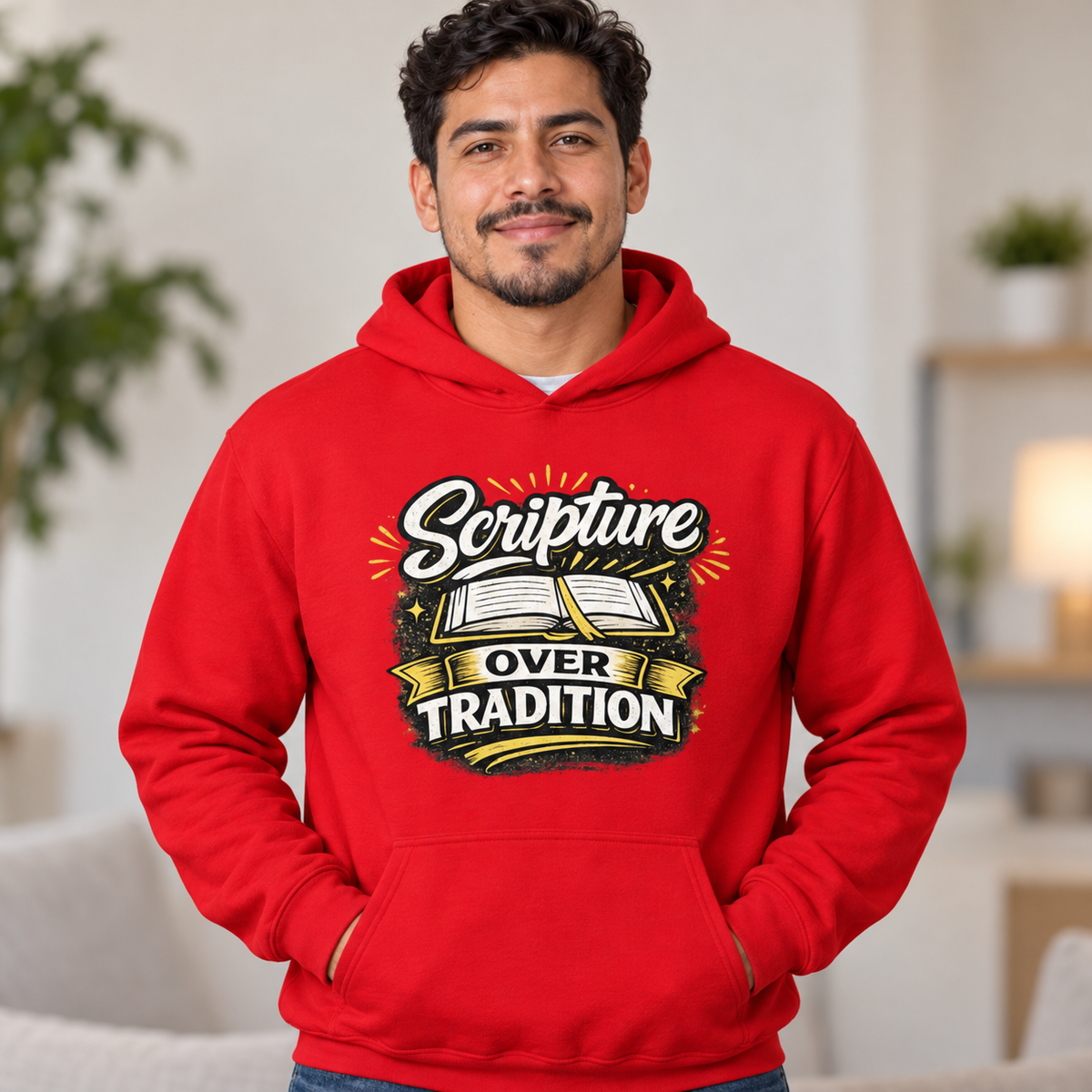Latino man wearing red Scripture Over Tradition Christian hoodie