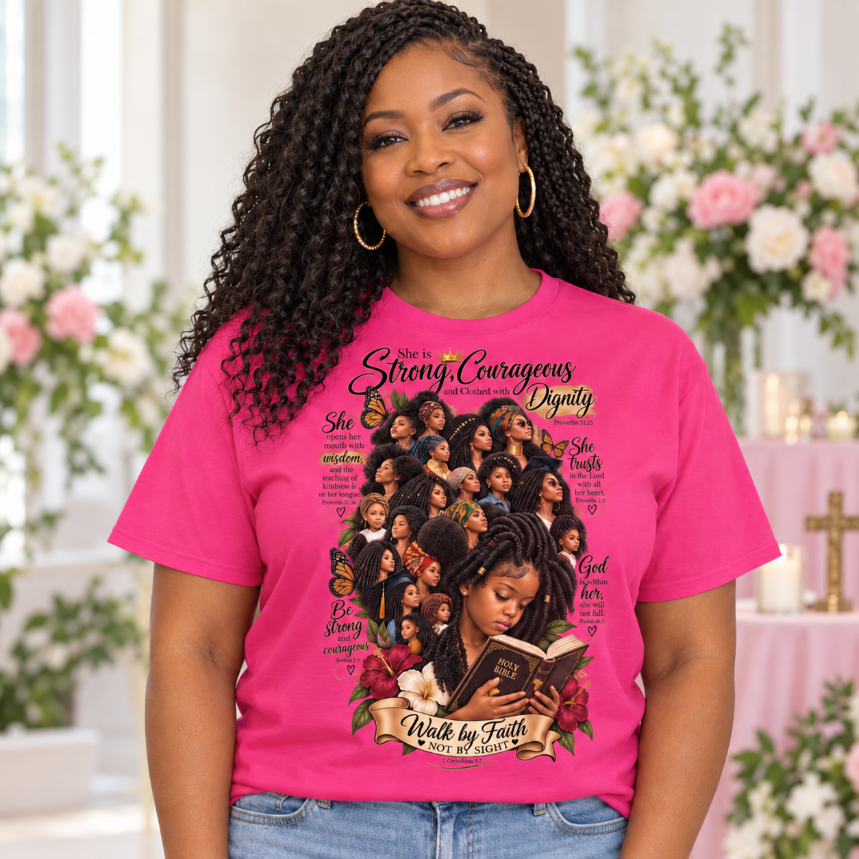 Black female model wearing pink She Is Strong and Courageous Christian T-shirt