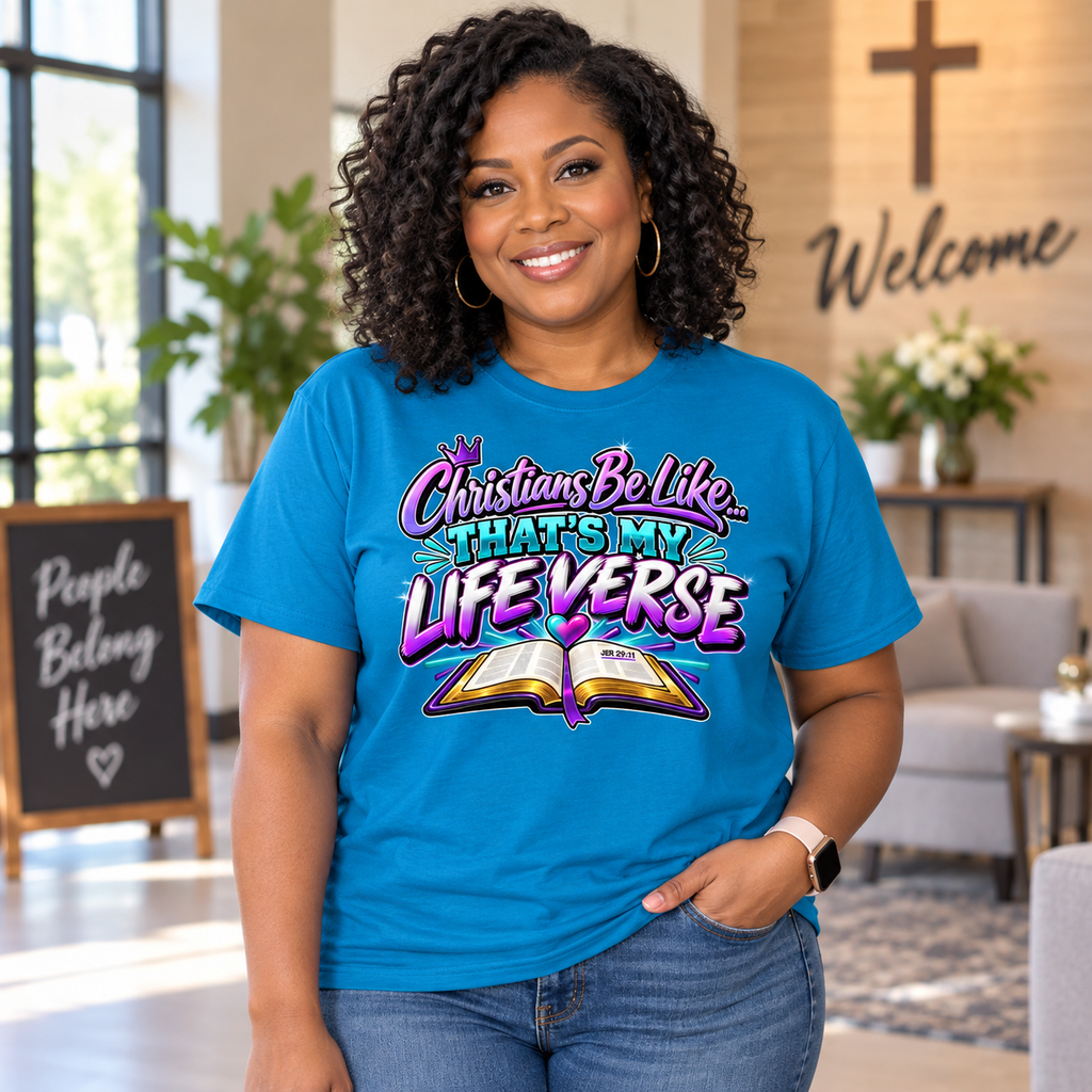 Black woman modeling the That’s My Life Verse Christian T-shirt