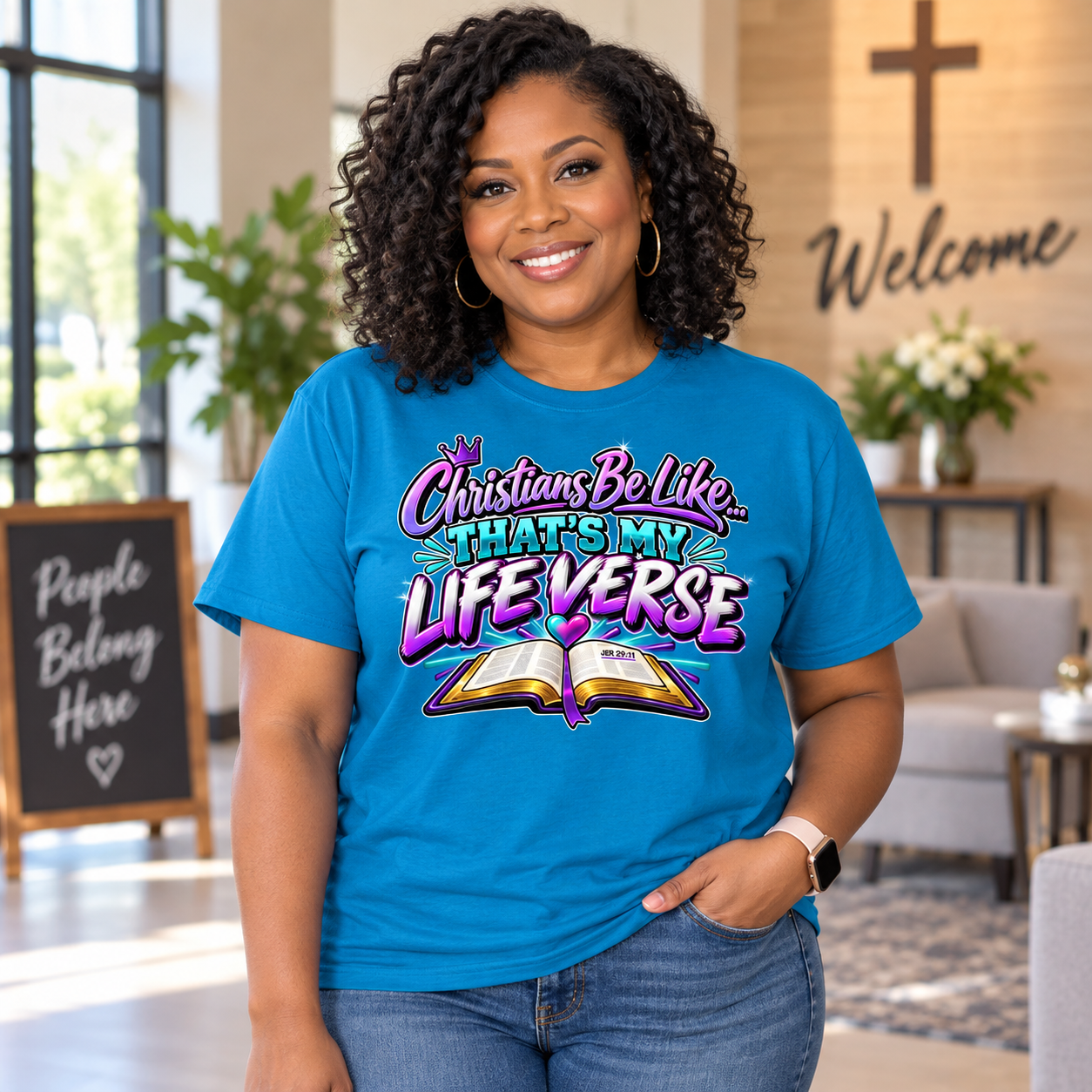 Black woman modeling the That’s My Life Verse Christian T-shirt